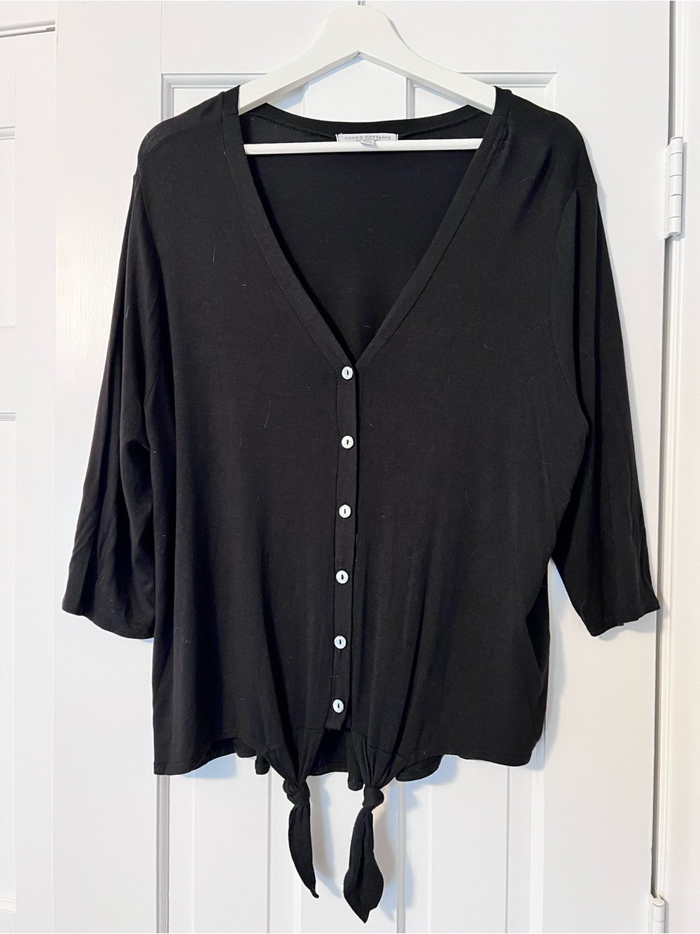 Green Envelope Black Button-Front Tie-Hem Top